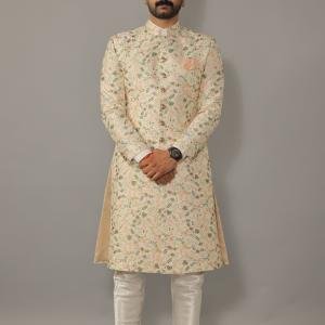 Lucknowi Chikankari Embroidered Pastel Sherwani Achkan with Floral Details | Jaipurio